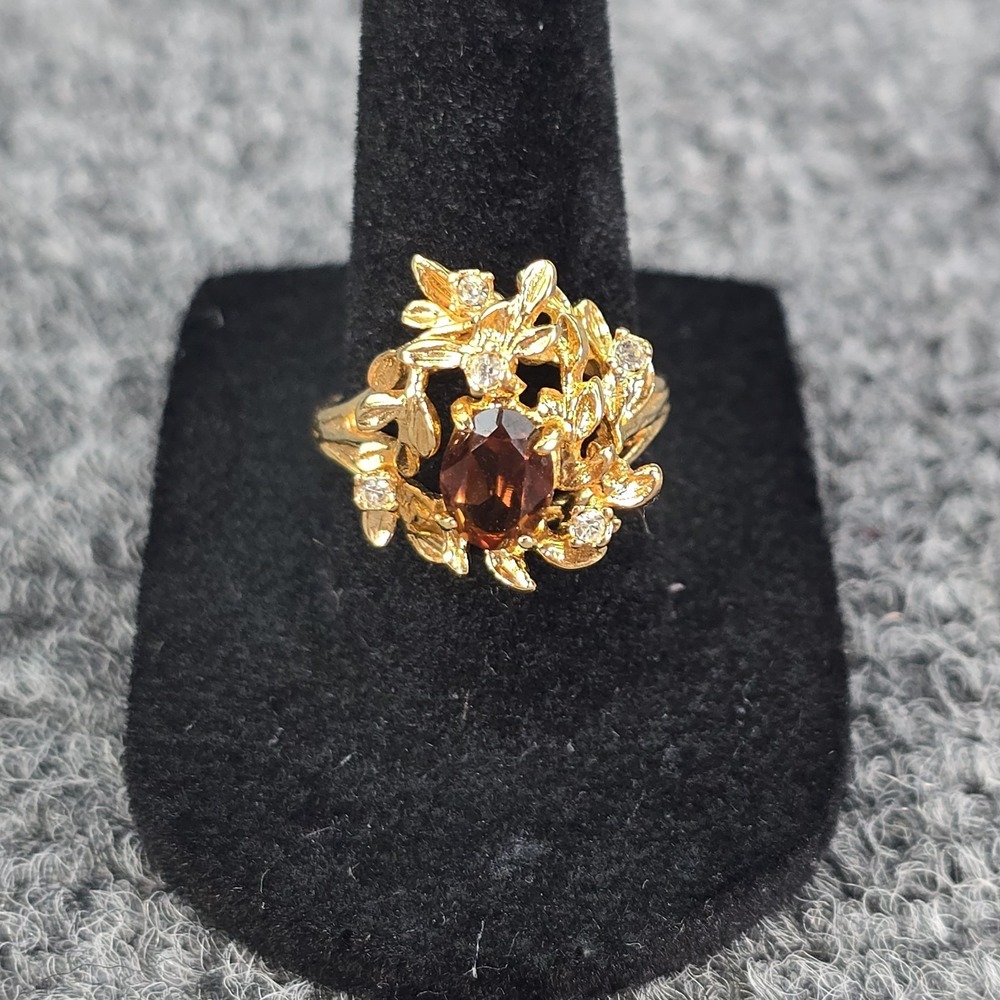 Vintage 18K GE Floral Ring Brown Topaz Rhinestone Size 8 Gold Tone - Picture 2 of 8